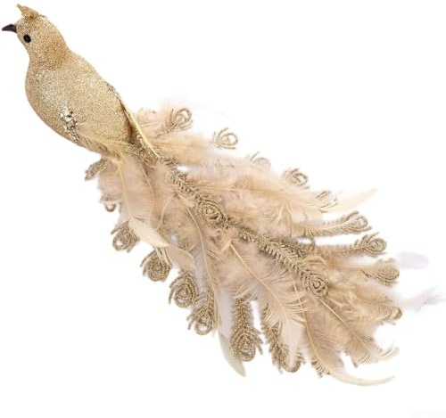 Adorno de pavo real azul y dorado para árbol de Navidad, decoración colgante de espuma realista y plumas para vacaciones, exhibiciones festivas en interiores y exteriores (dorado)