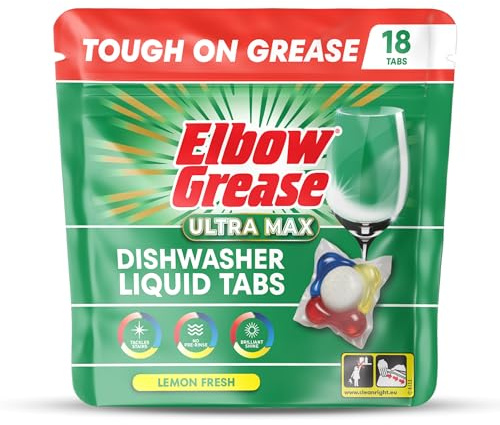 Elbow Grease Ultra Max Liquid Dishwasher Tablets (Lemon, 18 Tabs) | Tough on Grease & Brilliant Shine | Prevents Limescale | Powerful All-In-1 Clean