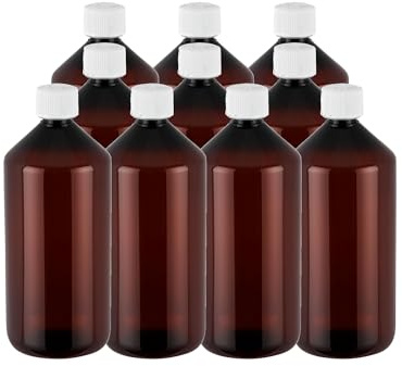 GREEN24 Laborflaschen 1000ml braun PET 10 Stück - Apothekerflasche mit Originalitätsverschluss & Kindersicherung – lebensmittelecht & BPA-frei inkl. Beschriftungsetiketten