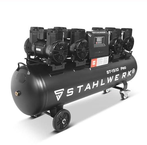 STAHLWERK Compressore serbatoio 150 L (ST-1510 Pro) – senza olio & silenzioso, 10 bar, compressore d'aria con motori brushless, 7,89 CV, 5,80 kW, 1000 l/min, compressore a pistoni silenzioso