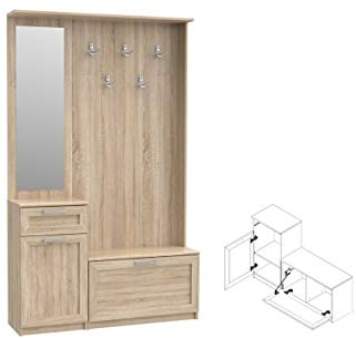 Garderobe NIKO NIKD04 Flurgarderobe, Flur, Dielengarderobe mit 1 Tür, 1 Klapptür, Spiegel, Schublade und 5 Kleiderhaken (Sonoma Eiche)