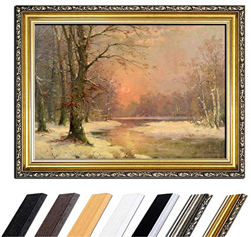 Bild mit Rahmen - Adolf Kaufmann Sonnenuntergang in Winterlandschaft 50x40 cm - Gerahmtes Leinwandbild Alte Meister - Antiker Rahmen Gold Barock, Klassisch