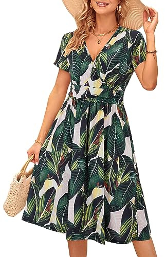 OUGES Women's Summer Short Sleeve V-Neck Floral Casual Ladies Dress with Pockets(FloralW,XXL)