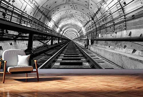 Vlies Tapete Poster XXL Fototapete 3D Tunnel U-Bahn Gleis Farbe schwarz weiß, Größe 200 x 150 cm