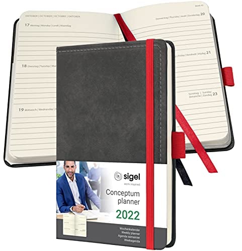 SIGEL C2258 Terminplaner Wochenkalender 2022 - Vintage Design - Lederoptik - ca. A6 - grau - Hardcover - 176 Seiten - Gummiband, Stiftschlaufe, Archivtasche - PEFC-zertifiziert - Conceptum