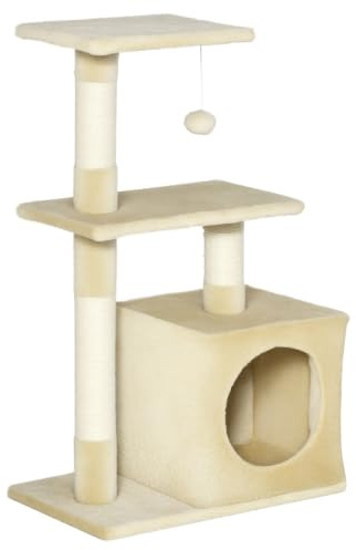 PawHut Kratzbaum 81,5 cm mit Katzenhöhle, für Katzen bis 4,5 kg, Beige | Katzenbaum, Plattformen, Katzenkratzbaum mit Sisal-Kratzsäulen, Spielball