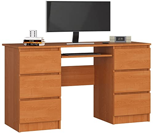 AKORD Bureau Ordinateur PC A11 avec Tablette Clavier | L135 x H77 x P50 cm 60 kg | 6 Tiroirs | Grand Bureau de Chambre PC Desk Table