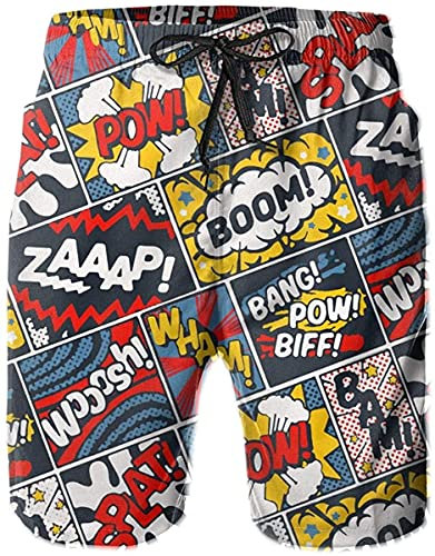Shuwekk Herren-Badehose mit amerikanischer Flagge, Sommer, Surf-Shorts, Board-Shorts, schnelltrocknend, Strandshorts mit Netzfutter, Moderne Comic-Kunst, Large