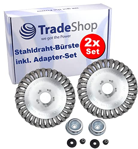 Trade-Shop Lot de 2 brosses à mauvaises herbes en fil d'acier avec kit d'adaptateurs compatibles Stihl, Worx, Black & Decker, Husqvarna débroussailleuse