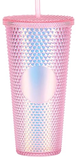 Gobelet clouté avec paille, avec couvercle et paille, gobelet en plastique texturé à double paroi sans BPA pour café glacé, boissons froides ou eau, 709 ml, rose