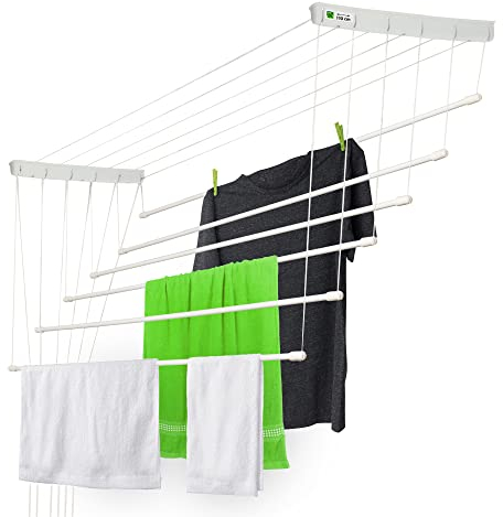 KADAX Etendoir a Linge au Plafond avec Tiges en Acier, Pratique Systeme de Sechage Suspended pour Maximiser l'espace Interieur (Blanc, 6 x 110 cm)