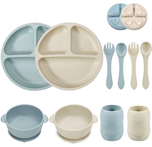 PandaEar Ensemble de Repas Bébé en Silicone | 2 Assiettes Ventouse + 2 Bols Ventouse + 2 Petits Gobelets + 2 Cuillères + 2 Fourchettes | Ustensiles Auto-alimentation (Bleu Blanc)