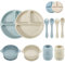 PandaEar Ensemble de Repas Bébé en Silicone | 2 Assiettes Ventouse + 2 Bols Ventouse + 2 Petits Gobelets + 2 Cuillères + 2 Fourchettes | Ustensiles Auto-alimentation (Bleu Blanc)