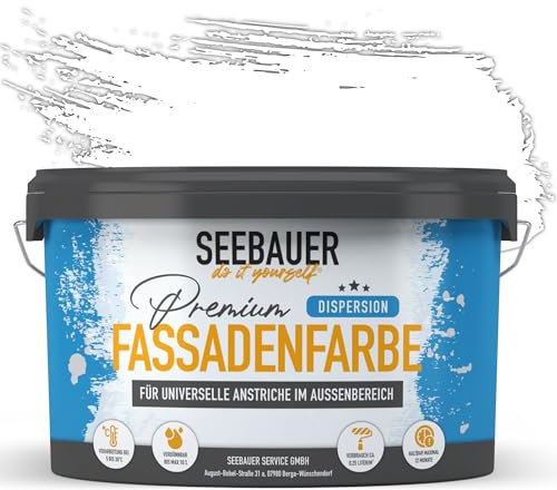 SEEBAUER diy Universal-Fassadenfarbe Weiß 5L für Außen (No. 000 Weiß) Hoch deckende Fassadenfarbe mit Wetterschutz - Geeignet für Putz, Mauerwerk und Beton