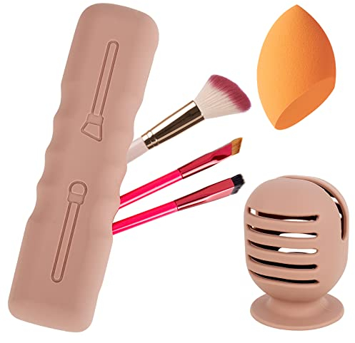 elthmpr Silicone Makeup Brush & Sponge Holder - Travel Makeup Brush Organizer, Breathable, Portable, Khaki