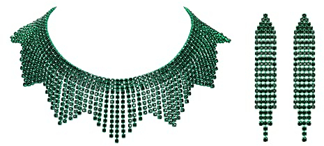 EVER FAITH Strass Quaste Schmuck-Set, Funkelnde Kristall Fransen Kette Choker Halskette Kronleuchter Ohrringe Set Grün