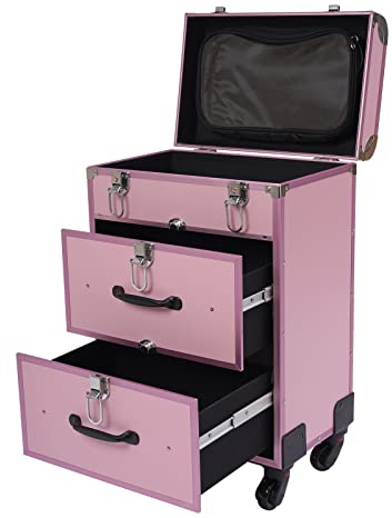 Kosmetikkoffer Trolley, Make Up Koffer Mit 2 Schubladen und 2 Schloss, Friseurkoffer Groß 36x23x58cm, Schminkkoffer mit Rollen 360° Drehbar, Große Kapazität (Rosa)
