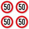 Aufkleber: ⌀ 75 mm, 4 Stück - StVO Verkehrszeichen Z-274 rot/weiß - maximale Geschwindigkeit/Höchstgeschwindigkeit - 50 km/h