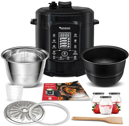 TurboTronic Druckkochtopf 6L mit 2x Topf Edelstahltopf und beschichtet, Dampfgarer, Multikocher, elektrischer Schnellkochtopf, Dampfkochtopf Schwarz