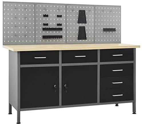 KOIECETA Werkbank mit 4 Werkzeugwänden Lochwand Werkstattwand Werkstatteinrichtung Werkzeugschrank Werktisch Montagewerkbank Werkstatttisch