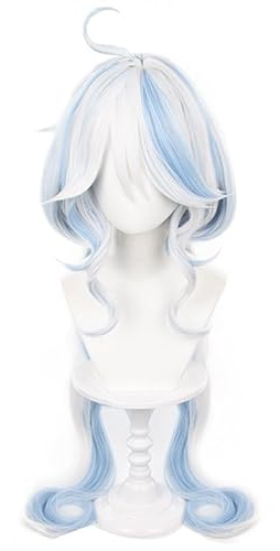 LeMarnia Weiß Gemischte Blaue Gradient Pferdeschwanz und Bangs Furina Perücke für Mädchen Halloween Cosplay Perücken