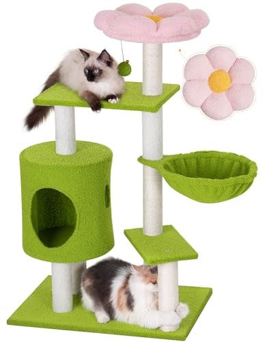 Aechonow Árbol para Gatos Flores, Torre Trepadora para Gatos de 104 cm, Rascador de Sisal, Casa y Hamaca para Gatitos Pequeños y Medianos, Alfombra de Algodón Suave, Verde Rosa