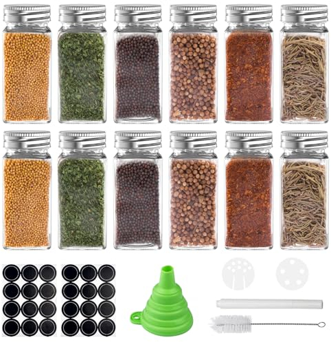 WinGluge 12 Pack Pots Bocaux à Épices en Verre, Rangement Epices Cuisine, Bocal Epices Couvercle Hermetiques avec Tamis, Étiquettes, Stylo, Entonnoir, Brosse, pour Rangement des Épices Cuisine