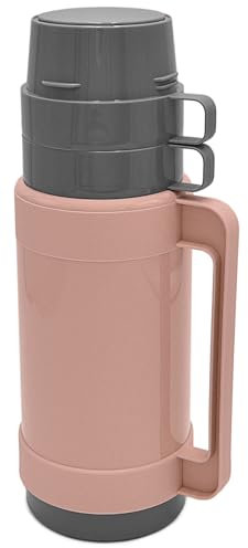 Thermoskanne Thermosflasche 1l | Auslaufsicher Isolierflasche mit zwei Trinkbechern für unterwegs Kaffee & Tee für Kinder, Sport, Kalt & Heiß, 31cm (Rosa)