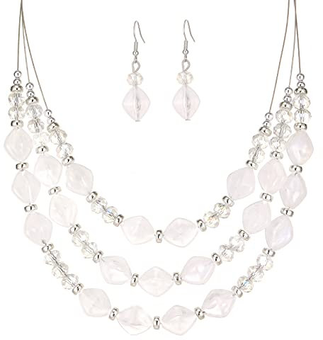 FULU AUTUMN Beaded Statement Choker Necklaces for Women Multilayered Chunky Bead Necklace Fashion Jewellery Mothers Day Gifts for Women(42-White1)