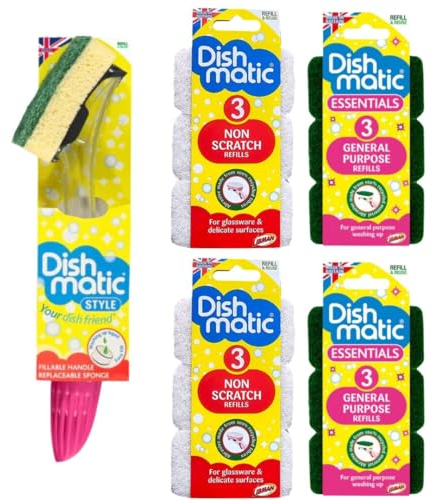 Second One - Dishmatic Compatible 12 X Refill Sponges Cleaning Bundle with 1 x Washing Up Sponge with Liquid Handler Scrubbing Brush with Handle