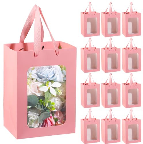 Liobelon 12 sacchetti regalo con finestra trasparente, grandi scatole regalo in carta con manici, borse per la spesa in carta kraft con finestra trasparente, 25,4 x 17,8 x 12,7 cm, sacchetti regalo