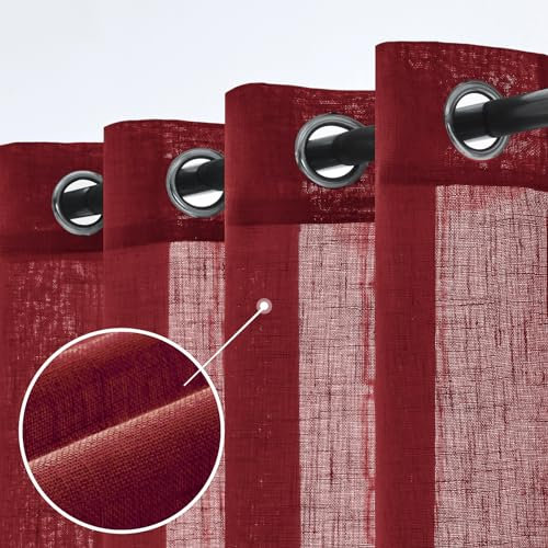 Woaboy Leinen Gardinen Halbtransparent Vorhänge Leinenoptik Wohnzimmer mit Ösen Stores Gardine Schlafzimmer Modern Ösenvorhang Schlaufengardinen 2er Set 140x245cm (BxH) Wein Rot
