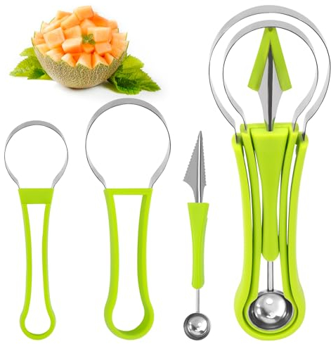 Outil à Découper Les Fruits 4 en 1, Cuillère à Melon en Acier Inoxydable Séparateur de Pulpe Décapant de Graines pour Fruits Eplucheur pour Légumes Fruits (Vert)