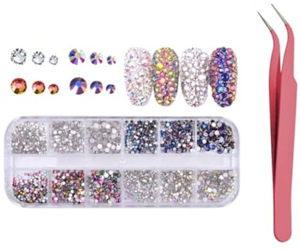A Nail Rhinestones: 1440 Pcs Rhinestones, 6 Sizes Flat Back AB Crystal Nail Art Gems with Tweezer, Face Eye Makeup, Clothes, Craft