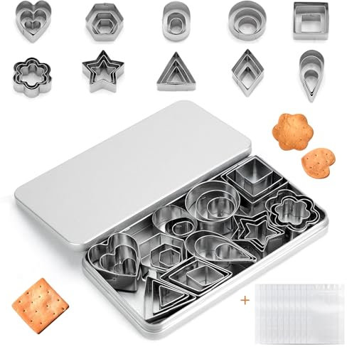 Juego de 30 cortadores de galletas con 10 bolsas para galletas, 10 moldes para galletas, moldes de acero inoxidable con caja de hierro para manualidades, fondant, masa de azúcar, repostería,