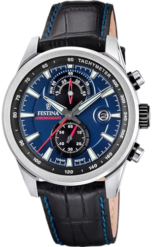 Festina Montre Homme Analogique avec Bracelet en Cuir Noir - Mouvement Quartz - Chronographe - Calendrier - Verre Minéral Haute Résistance - Étanche 10 ATM - Élégante F20695/5 Timeless Chronograph