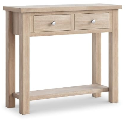 RoselandFurniture Farrow Oak Console Table for Hallway with Storage Drawers Large Wide Washed Oak Solid Wooden Hall Telephone Stand for Living Room Bedroom or Kitchen