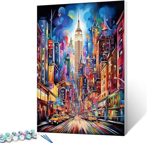 Peinture par Numéros Adulte New York, DIY rue Peinture Numero Enfant, Bricolage Peinture Numero Adultes Loisirs Créatifs, Acryliques Paintings avec Peintures et Pinceaux, Deco Murale 40x50cm-Y449
