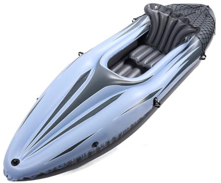 Aufblasbares Kajak, 1 Person PVC UV-Beweis Portable aufblasbare Touring Kajak mitHandpumpe und Tragetasche rgonomische hohe Rückenlehne Sitz leicht faltbar Blow Up Kanu Boot (Blue)