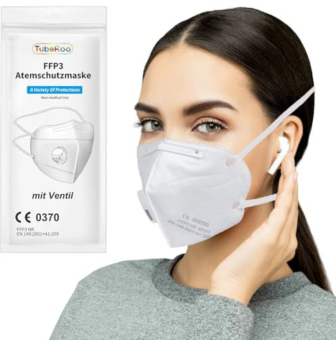 TubeRoo FFP3 Maske mit Ventil 1 Stück Masken, Versand aus Deutschland, Kopfband, Atemschutzmaske mit Ausatemventil, Staubmaske Feinstaubmaske Staubschutzmaske Atemschutz Feinstaub Mundschutz
