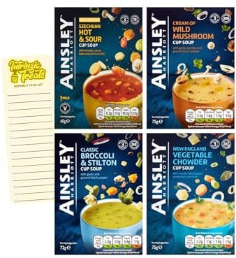 Instant Vegetarian Soup Bundle with Szechuan Hot & Sour, Wild Mushroom, Broccoli & Stilton and New England Vegetable Chowder Cup Soup with Intrinsic Treats Shopping List Card