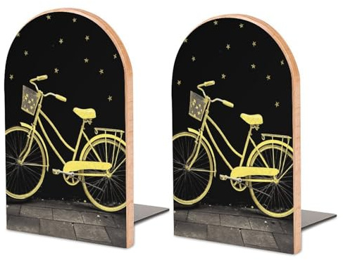 Große gelbe Fahrrad-Buchstützen (9,9 cm T x 11,9 cm B x 17 cm H), aus Buchenholz und Metall für effiziente Organisation von Büchern im Büro, Bibliothek und Zuhause.