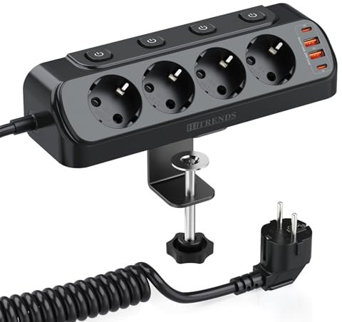 Tischsteckdose mit USB C 20W, Kinglink Steckdosenleiste Schreibtisch einzeln Schaltbar, 4Fach Mehrfachsteckdose mit Schalter, Überspannungsschutz mit 2M Kabel für Zuhause Büro, Schwarz