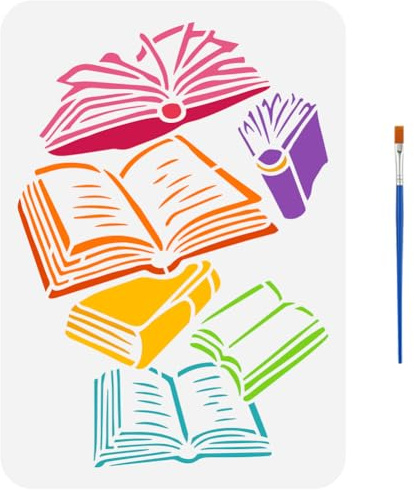 FINGERINSPIRE Schablone Verstreute Bücher Mit Pinsel 21x29.7cm Zeichenvorlage Fallende Bücher Kunststoff PET Offene Bücher Malschablone Tagesthema Vorlage Für Wand/Möbeldekoration