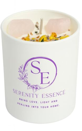 Serenity Essence Luxury Vanilla Candle Scented, Crystal Candle with Rose Quartz, Paraffin Free & Eco Friendly Soy Wax, Relaxation & Meditation Gift, Safe for Pets & Children (60 hrs)