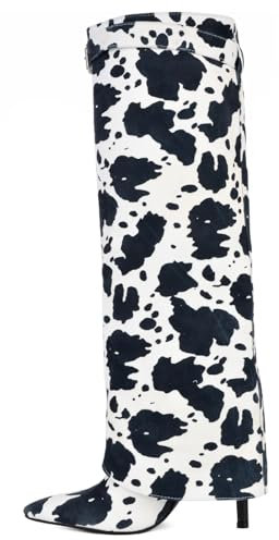 LIUHD Kniehohe Stiefel Zum Umschlagen für Damen, Hohe Stiefel mit Stilettoabsatz und Spitzer Zehenpartie,Kuhfell-Print-Design Zum Hineinschlüpfen Partyschuhe,A,41