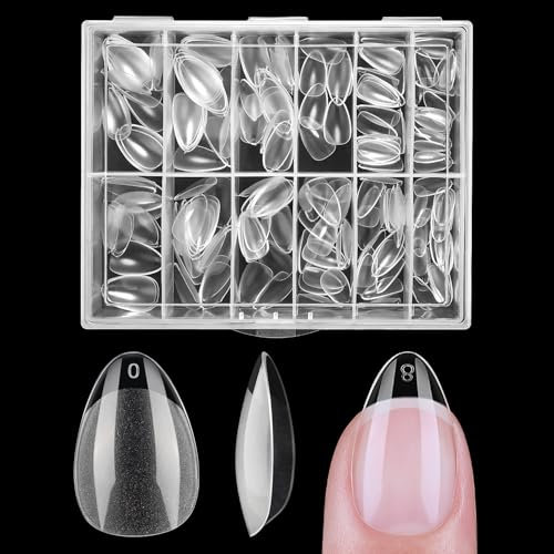 Nicedeco XS Short Almond Nail Tips, Press on Nails, Clear Full Cover Natural False Nails Gel X Nails for Extensions, Acrylic Nails, Resin Clear Strong False Nails 12 Sizes 216PCS