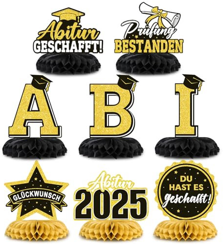BETESSIN Abitur 2025 Geschenke - 8er Set Abi Tischdekoration Schwarz Gold - Bienenwabe Mittelstück - Tischaufsätze für Abitur Abschlussfeiern & bestandene Prüfungen, Graudation Deko uvm.