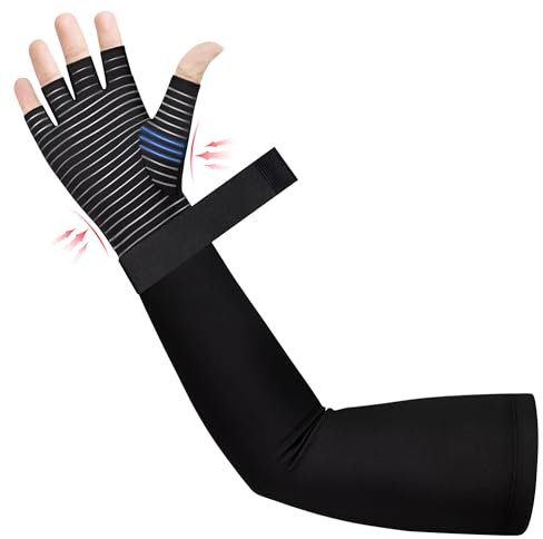 Zuscot Gant de compression long en cuivre pour arthrite (1 pièce), manchon de compression pour lymphœdème avec main pour homme et femme, 20-30 mmHg - Compression graduée - Soutien complet du bras