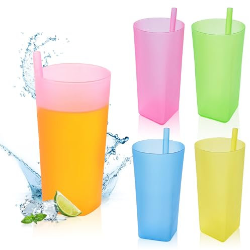 Hyran 4 Pièces Gobelet Plastique Reutilisable, Gobelet Enfant, Gobelets Colorés Avec Paille Intégrée, Gobelets en Plastique Coloré, Tasses à Paille Intégrée Sans BPA (560ML)